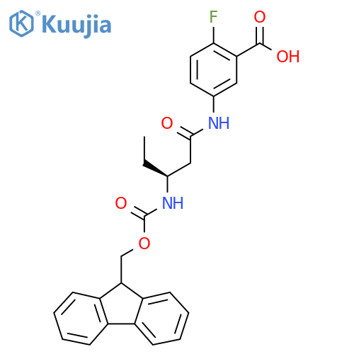 5-(3S)-3-({(9H-fluoren-9-yl)methoxycarbonyl}amino)pentanamido-2-fluorobenzoic acid structure