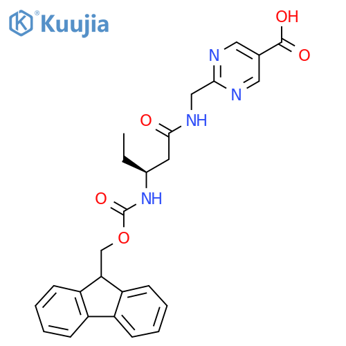 2-{(3S)-3-({(9H-fluoren-9-yl)methoxycarbonyl}amino)pentanamidomethyl}pyrimidine-5-carboxylic acid structure