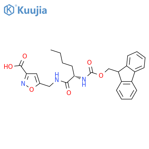5-{(2S)-2-({(9H-fluoren-9-yl)methoxycarbonyl}amino)hexanamidomethyl}-1,2-oxazole-3-carboxylic acid structure