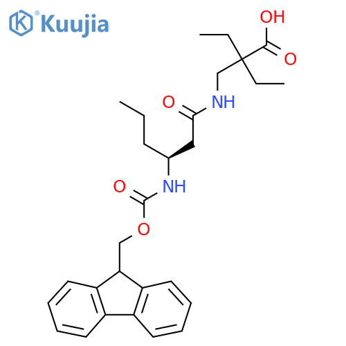 2-ethyl-2-{(3S)-3-({(9H-fluoren-9-yl)methoxycarbonyl}amino)hexanamidomethyl}butanoic acid structure