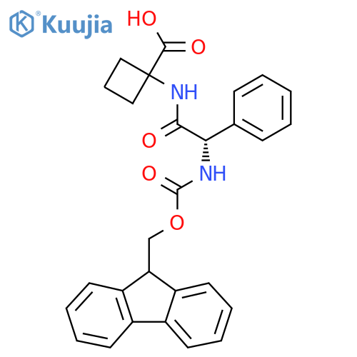 1-(2S)-2-({(9H-fluoren-9-yl)methoxycarbonyl}amino)-2-phenylacetamidocyclobutane-1-carboxylic acid structure