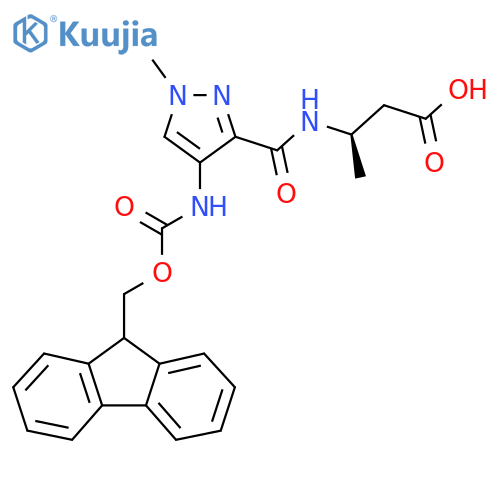 (3R)-3-{4-({(9H-fluoren-9-yl)methoxycarbonyl}amino)-1-methyl-1H-pyrazol-3-ylformamido}butanoic acid structure
