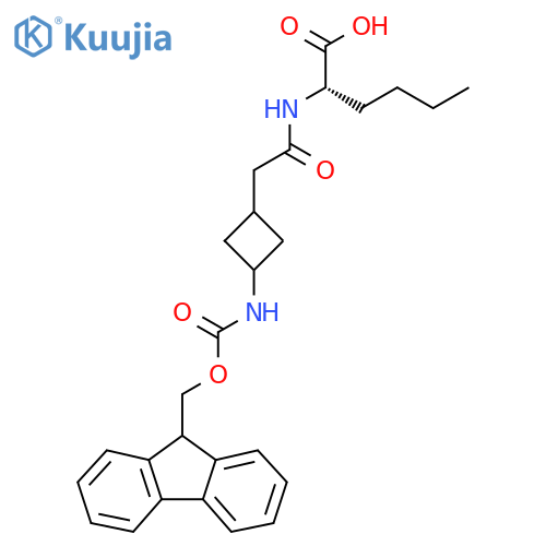 (2S)-2-{2-3-({(9H-fluoren-9-yl)methoxycarbonyl}amino)cyclobutylacetamido}hexanoic acid structure
