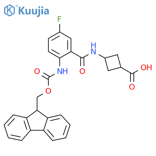 (1r,3r)-3-2-({(9H-fluoren-9-yl)methoxycarbonyl}amino)-5-fluorobenzamidocyclobutane-1-carboxylic acid structure