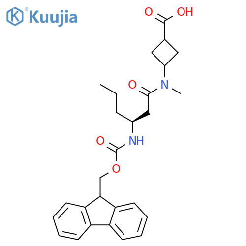 3-(3S)-3-({(9H-fluoren-9-yl)methoxycarbonyl}amino)-N-methylhexanamidocyclobutane-1-carboxylic acid structure
