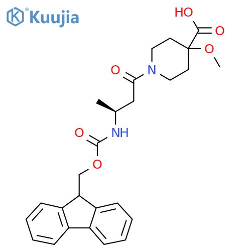 1-(3S)-3-({(9H-fluoren-9-yl)methoxycarbonyl}amino)butanoyl-4-methoxypiperidine-4-carboxylic acid structure