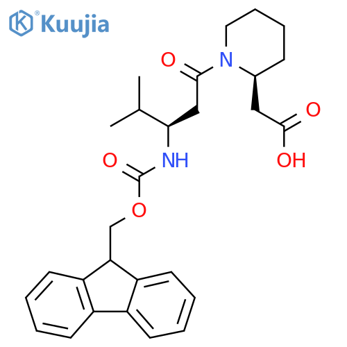 2-(2S)-1-(3R)-3-({(9H-fluoren-9-yl)methoxycarbonyl}amino)-4-methylpentanoylpiperidin-2-ylacetic acid structure