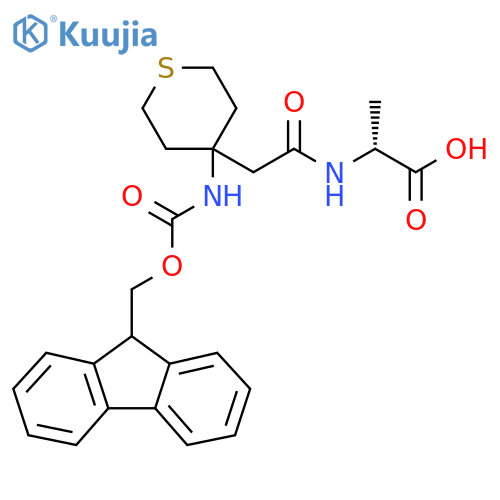 (2R)-2-{2-4-({(9H-fluoren-9-yl)methoxycarbonyl}amino)thian-4-ylacetamido}propanoic acid structure