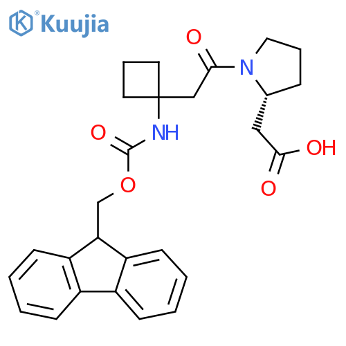 2-(2R)-1-{2-1-({(9H-fluoren-9-yl)methoxycarbonyl}amino)cyclobutylacetyl}pyrrolidin-2-ylacetic acid structure