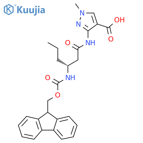 3-(3R)-3-({(9H-fluoren-9-yl)methoxycarbonyl}amino)hexanamido-1-methyl-1H-pyrazole-4-carboxylic acid structure