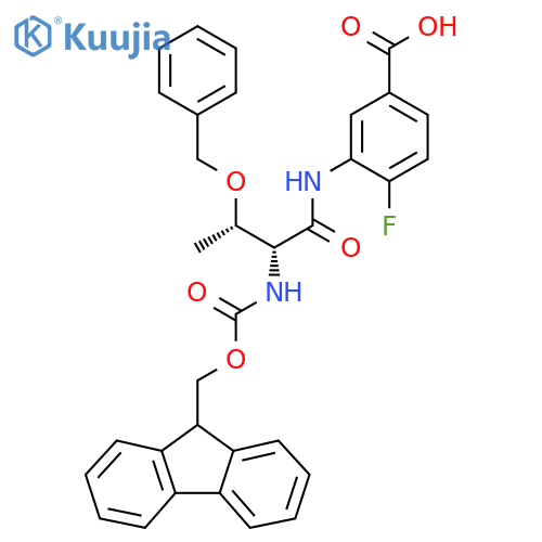 3-(2R,3S)-3-(benzyloxy)-2-({(9H-fluoren-9-yl)methoxycarbonyl}amino)butanamido-4-fluorobenzoic acid structure