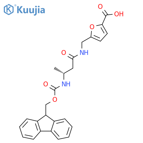 5-{(3R)-3-({(9H-fluoren-9-yl)methoxycarbonyl}amino)butanamidomethyl}furan-2-carboxylic acid structure