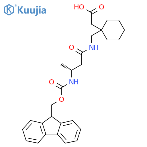 2-(1-{(3R)-3-({(9H-fluoren-9-yl)methoxycarbonyl}amino)butanamidomethyl}cyclohexyl)acetic acid structure