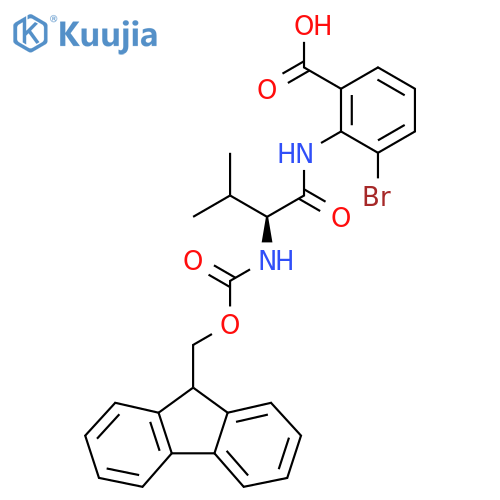 3-bromo-2-(2S)-2-({(9H-fluoren-9-yl)methoxycarbonyl}amino)-3-methylbutanamidobenzoic acid structure