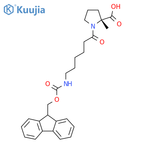 (2R)-1-6-({(9H-fluoren-9-yl)methoxycarbonyl}amino)hexanoyl-2-methylpyrrolidine-2-carboxylic acid structure