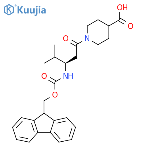 1-(3R)-3-({(9H-fluoren-9-yl)methoxycarbonyl}amino)-4-methylpentanoylpiperidine-4-carboxylic acid structure