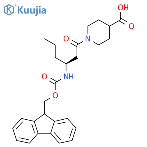 1-(3S)-3-({(9H-fluoren-9-yl)methoxycarbonyl}amino)hexanoylpiperidine-4-carboxylic acid structure