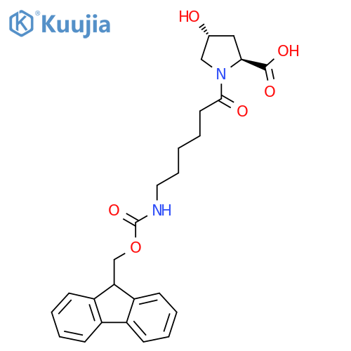 (2S,4R)-1-6-({(9H-fluoren-9-yl)methoxycarbonyl}amino)hexanoyl-4-hydroxypyrrolidine-2-carboxylic acid structure