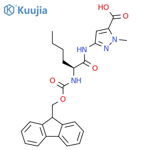 3-(2S)-2-({(9H-fluoren-9-yl)methoxycarbonyl}amino)hexanamido-1-methyl-1H-pyrazole-5-carboxylic acid structure