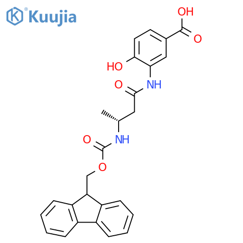 3-(3R)-3-({(9H-fluoren-9-yl)methoxycarbonyl}amino)butanamido-4-hydroxybenzoic acid structure