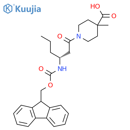 1-(3R)-3-({(9H-fluoren-9-yl)methoxycarbonyl}amino)hexanoyl-4-methylpiperidine-4-carboxylic acid structure