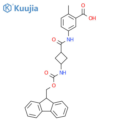 2-methyl-5-(1s,3s)-3-({(9H-fluoren-9-yl)methoxycarbonyl}amino)cyclobutaneamidobenzoic acid structure