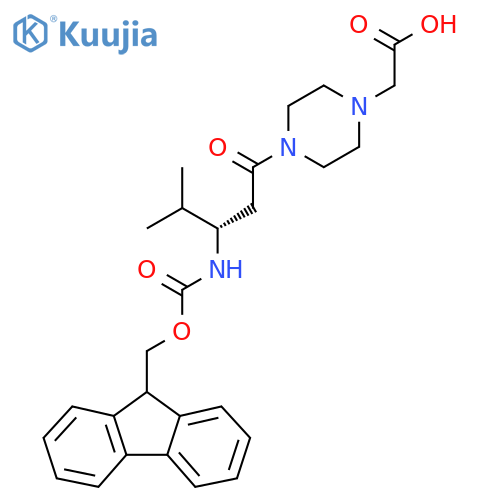 2-{4-(3S)-3-({(9H-fluoren-9-yl)methoxycarbonyl}amino)-4-methylpentanoylpiperazin-1-yl}acetic acid structure