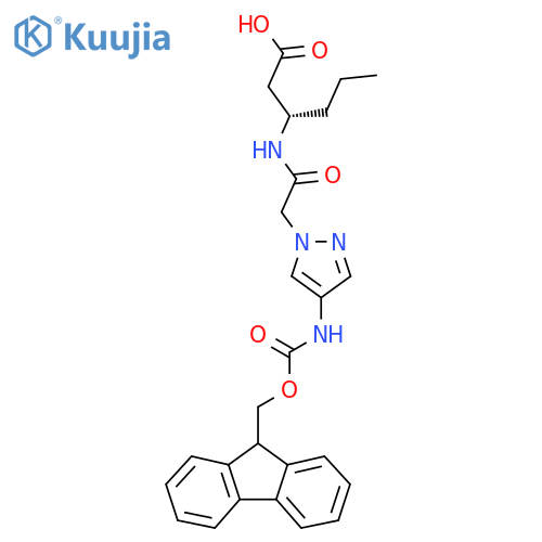 (3S)-3-{2-4-({(9H-fluoren-9-yl)methoxycarbonyl}amino)-1H-pyrazol-1-ylacetamido}hexanoic acid structure