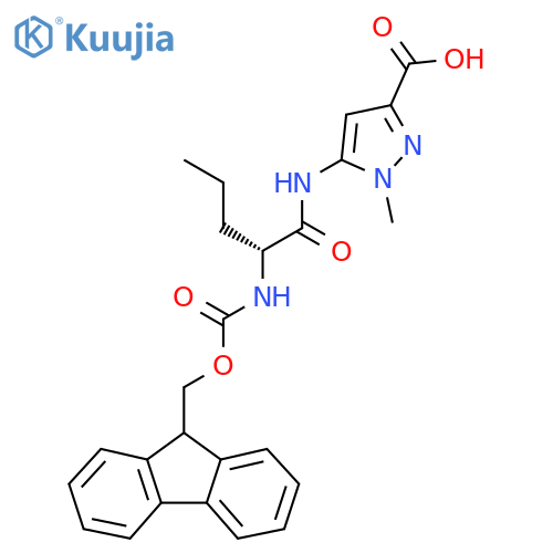 5-(2R)-2-({(9H-fluoren-9-yl)methoxycarbonyl}amino)pentanamido-1-methyl-1H-pyrazole-3-carboxylic acid structure