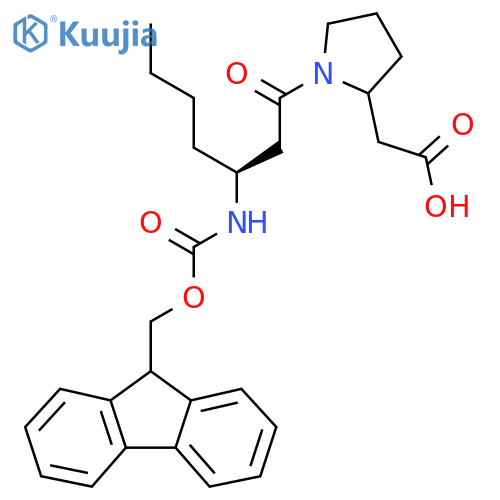 2-{1-(3S)-3-({(9H-fluoren-9-yl)methoxycarbonyl}amino)heptanoylpyrrolidin-2-yl}acetic acid structure