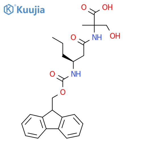 2-(3S)-3-({(9H-fluoren-9-yl)methoxycarbonyl}amino)hexanamido-3-hydroxy-2-methylpropanoic acid structure