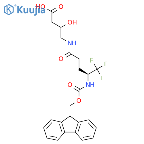 4-(4S)-4-({(9H-fluoren-9-yl)methoxycarbonyl}amino)-5,5,5-trifluoropentanamido-3-hydroxybutanoic acid structure