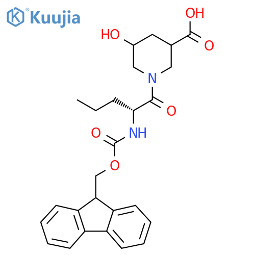 1-(2R)-2-({(9H-fluoren-9-yl)methoxycarbonyl}amino)pentanoyl-5-hydroxypiperidine-3-carboxylic acid structure