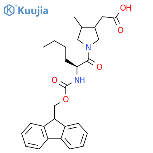 2-{1-(2S)-2-({(9H-fluoren-9-yl)methoxycarbonyl}amino)hexanoyl-4-methylpyrrolidin-3-yl}acetic acid structure