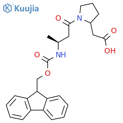 2-{1-(3S)-3-({(9H-fluoren-9-yl)methoxycarbonyl}amino)butanoylpyrrolidin-2-yl}acetic acid structure
