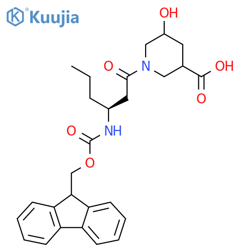 1-(3S)-3-({(9H-fluoren-9-yl)methoxycarbonyl}amino)hexanoyl-5-hydroxypiperidine-3-carboxylic acid structure