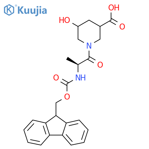 1-(2S)-2-({(9H-fluoren-9-yl)methoxycarbonyl}amino)propanoyl-5-hydroxypiperidine-3-carboxylic acid structure
