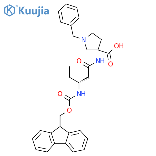 1-benzyl-3-(3R)-3-({(9H-fluoren-9-yl)methoxycarbonyl}amino)pentanamidopyrrolidine-3-carboxylic acid structure