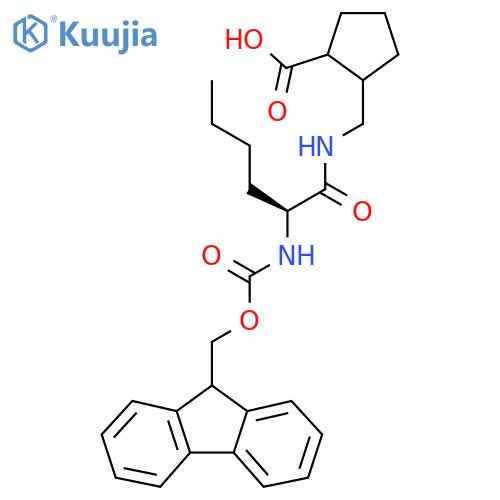 2-{(2S)-2-({(9H-fluoren-9-yl)methoxycarbonyl}amino)hexanamidomethyl}cyclopentane-1-carboxylic acid structure