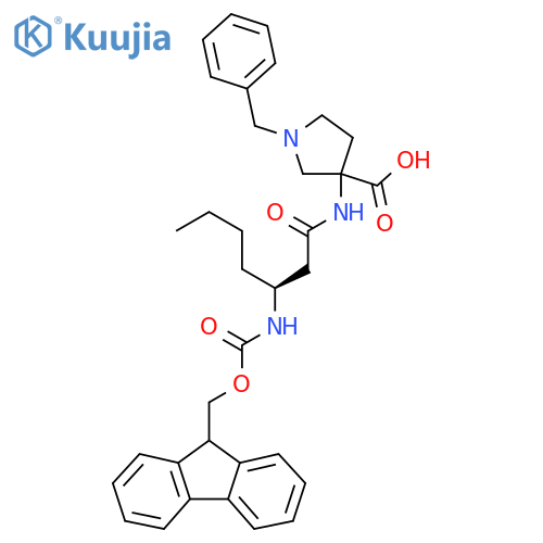 1-benzyl-3-(3S)-3-({(9H-fluoren-9-yl)methoxycarbonyl}amino)heptanamidopyrrolidine-3-carboxylic acid structure
