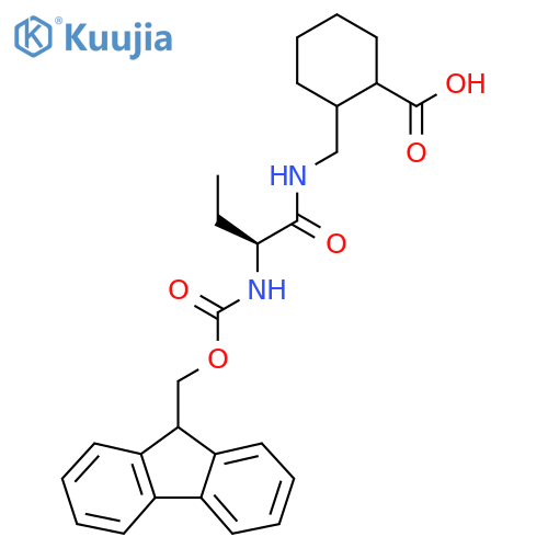 2-{(2S)-2-({(9H-fluoren-9-yl)methoxycarbonyl}amino)butanamidomethyl}cyclohexane-1-carboxylic acid structure