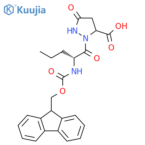 2-(2R)-2-({(9H-fluoren-9-yl)methoxycarbonyl}amino)pentanoyl-5-oxopyrazolidine-3-carboxylic acid structure