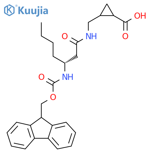 2-{(3R)-3-({(9H-fluoren-9-yl)methoxycarbonyl}amino)heptanamidomethyl}cyclopropane-1-carboxylic acid structure