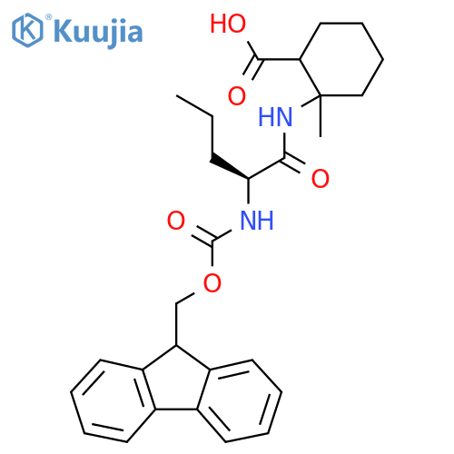 2-(2S)-2-({(9H-fluoren-9-yl)methoxycarbonyl}amino)pentanamido-2-methylcyclohexane-1-carboxylic acid structure