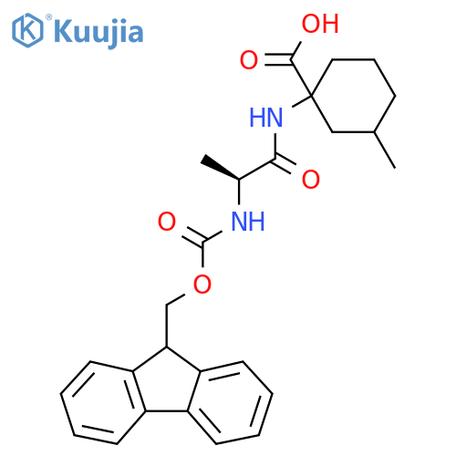 1-(2S)-2-({(9H-fluoren-9-yl)methoxycarbonyl}amino)propanamido-3-methylcyclohexane-1-carboxylic acid structure