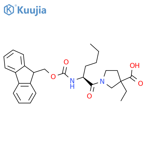 3-ethyl-1-(2S)-2-({(9H-fluoren-9-yl)methoxycarbonyl}amino)hexanoylpyrrolidine-3-carboxylic acid structure