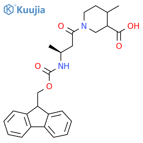 1-(3S)-3-({(9H-fluoren-9-yl)methoxycarbonyl}amino)butanoyl-4-methylpiperidine-3-carboxylic acid structure