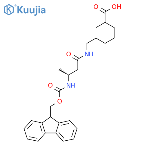 3-{(3R)-3-({(9H-fluoren-9-yl)methoxycarbonyl}amino)butanamidomethyl}cyclohexane-1-carboxylic acid structure
