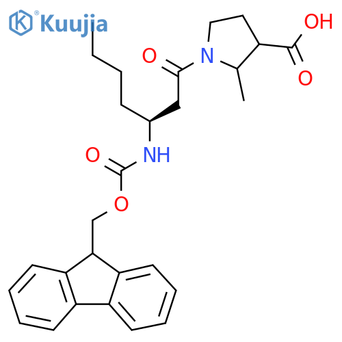 1-(3S)-3-({(9H-fluoren-9-yl)methoxycarbonyl}amino)heptanoyl-2-methylpyrrolidine-3-carboxylic acid structure