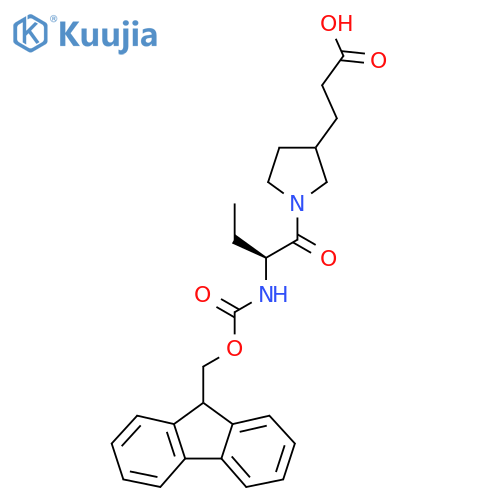 3-{1-(2S)-2-({(9H-fluoren-9-yl)methoxycarbonyl}amino)butanoylpyrrolidin-3-yl}propanoic acid structure